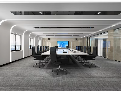 Modern Conference Room Interior With Long Table Black Chairs Large Screen And Windows 3d model