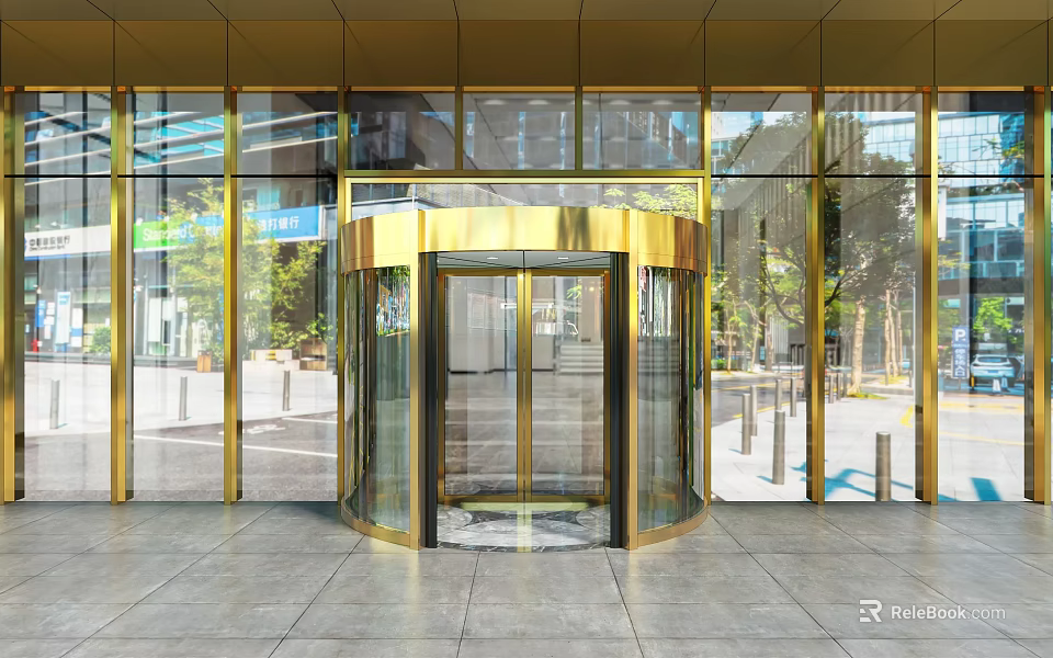 Golden Revolving Door At Modern Building Entrance With Glass Curtain Wall Design Exterior 3d model 