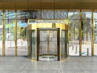 Golden Revolving Door At Modern Building Entrance With Glass Curtain Wall Design Exterior 3d model