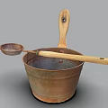 Vintage Copper Bucket With Wooden Handle Strainer And Metal Kitchen Tools