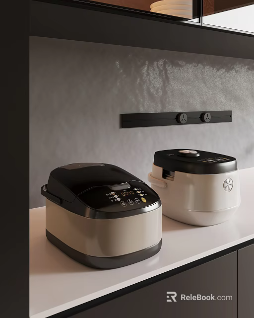 Two Modern Black And White Rice Cookers As Key Kitchen Appliances On Countertop 3d model 