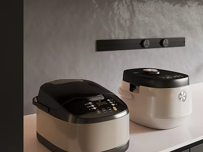 Two Modern Black And White Rice Cookers As Key Kitchen Appliances On Countertop 3d model