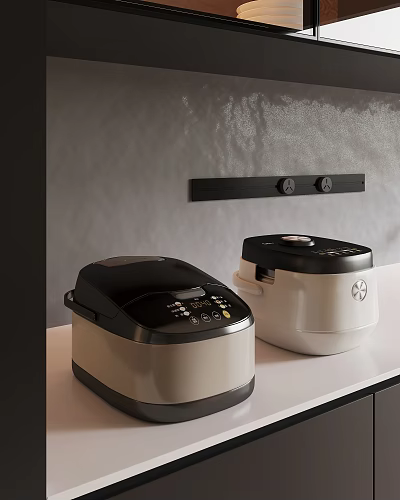 Two Modern Black And White Rice Cookers As Key Kitchen Appliances On Countertop 3d model