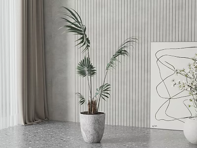 Potted Palm Plant in Gray Concrete Pot with Gray Wall and Abstract Painting 3d model