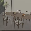 Modern Wooden Oval Dining Table Set With Four Woven Chairs And Fruit Bowl Tray