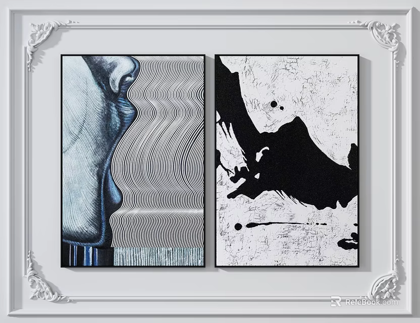 Two Abstract Wall Paintings With Face Profile Wavy Lines And Black Ink Splatter Design 3d model