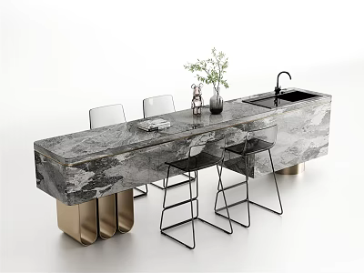 Modern Bar Counter With Marble Top Metal Stools And Vase With Plants 3d model