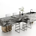 Modern Bar Counter With Marble Top Metal Stools And Vase With Plants