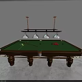 Green Felt Billiard Table with Brown Wooden Legs Balls Cue Stick and Hanging Pendant Lights