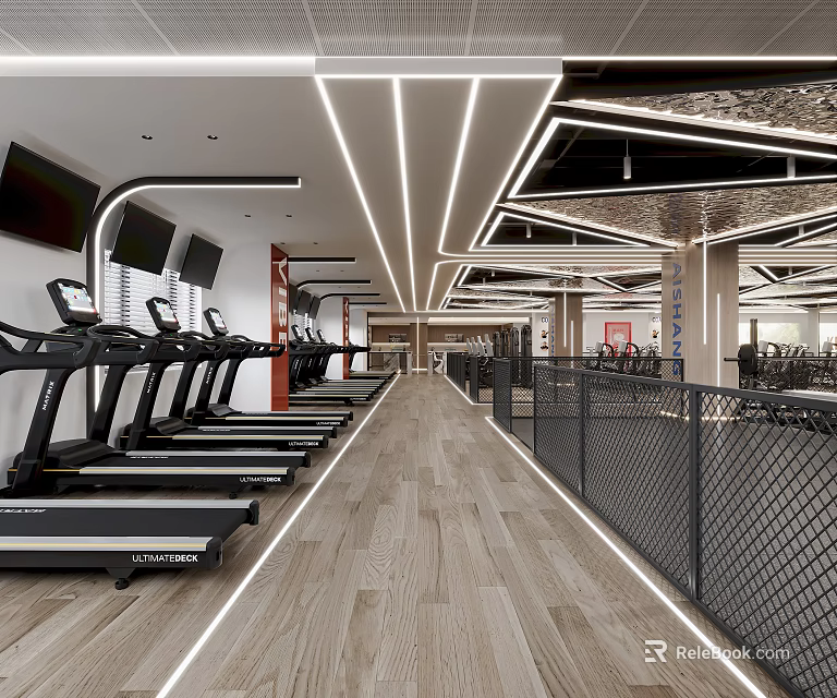 Modern Gym Interior Design With Treadmills And Other Fitness Equipment 3d model 