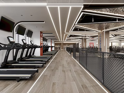 Modern Gym Interior Design With Treadmills And Other Fitness Equipment 3d model