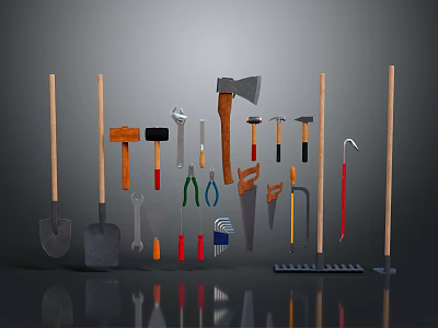 Essential Hardware Tools Collection With Hammers Wrenches Pliers Axes Shovels And Rakes 3d model