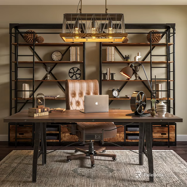 Desk Setup with Leather Chair Laptop Table Lamp Bookshelves Clocks and Decorations 3d model 
