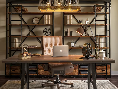 Desk Setup with Leather Chair Laptop Table Lamp Bookshelves Clocks and Decorations 3d model