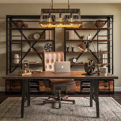 Desk Setup with Leather Chair Laptop Table Lamp Bookshelves Clocks and Decorations 3d model