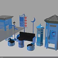 Blue Urban Street Furniture Set With Phone Booth Bench Trash Can And Lamp Post