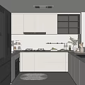 Modern Kitchen Interior With White Cabinets Black Appliances Window Blinds And Circular Rug