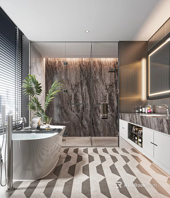 Modern Bathroom Interior With Marble Wall Glass Shower Bathtub Mirror Cabinets And Plant 3d model 