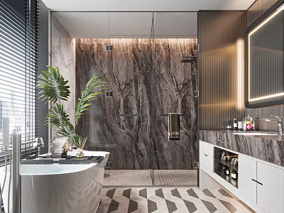 Modern Bathroom Interior With Marble Wall Glass Shower Bathtub Mirror Cabinets And Plant 3d model