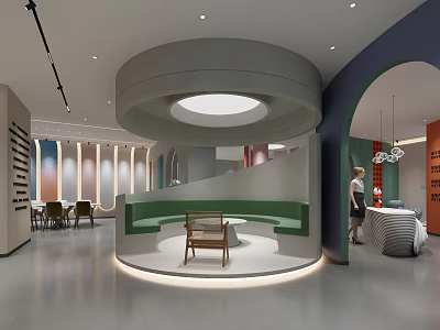 Modern Public Interior Space Featuring Circular Structure Green Curved Seating And Arched Doorway 3d model