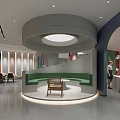 Modern Public Interior Space Featuring Circular Structure Green Curved Seating And Arched Doorway