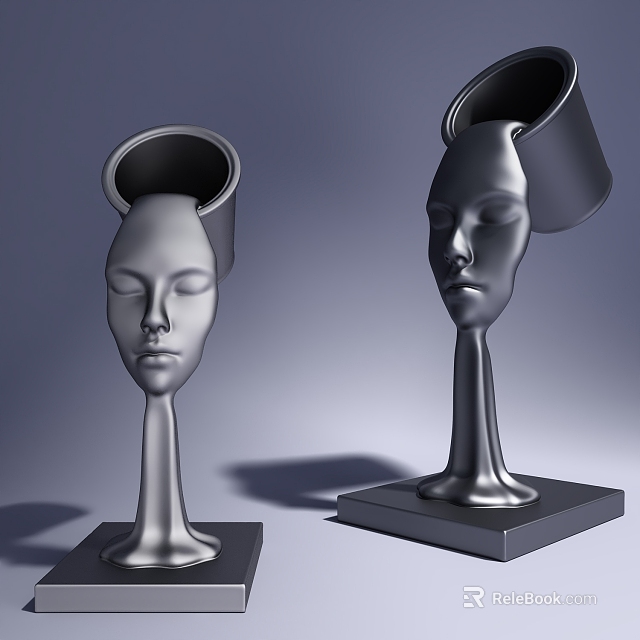 Decorative Ornament Set Silver Human Head Shaped Sculptures With Container Top And Square Base 3d model 