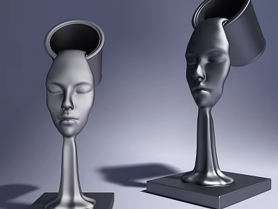 Decorative Ornament Set Silver Human Head Shaped Sculptures With Container Top And Square Base 3d model