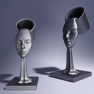 Decorative Ornament Set Silver Human Head Shaped Sculptures With Container Top And Square Base 3d model