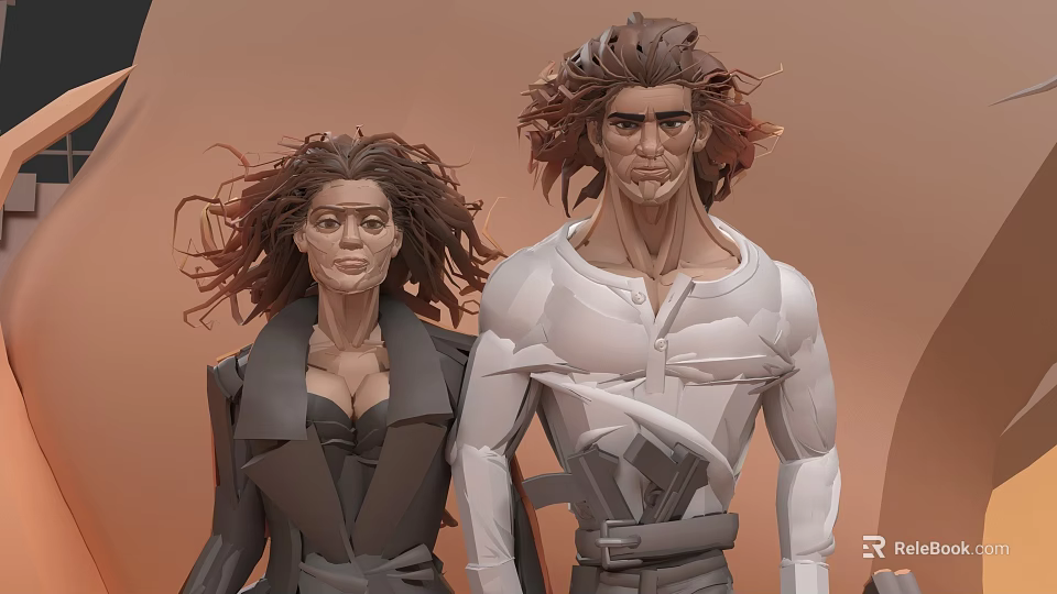 Game Movie Characters With Long Brown Hair Dark Coat White Tight Mechanical Outfit Orange Background 3d model 