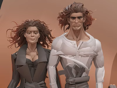 Game Movie Characters With Long Brown Hair Dark Coat White Tight Mechanical Outfit Orange Background 3d model