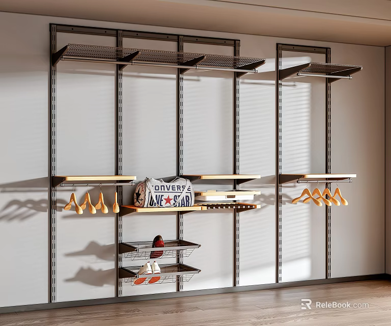 Modern Open Closet With Metal Frame Multiple Shelves Hanging Rods And Storage Space 3d model 