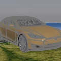 Yellow Tesla Sedan Parked On Green Grass Field With Trees And Blue Sky Background