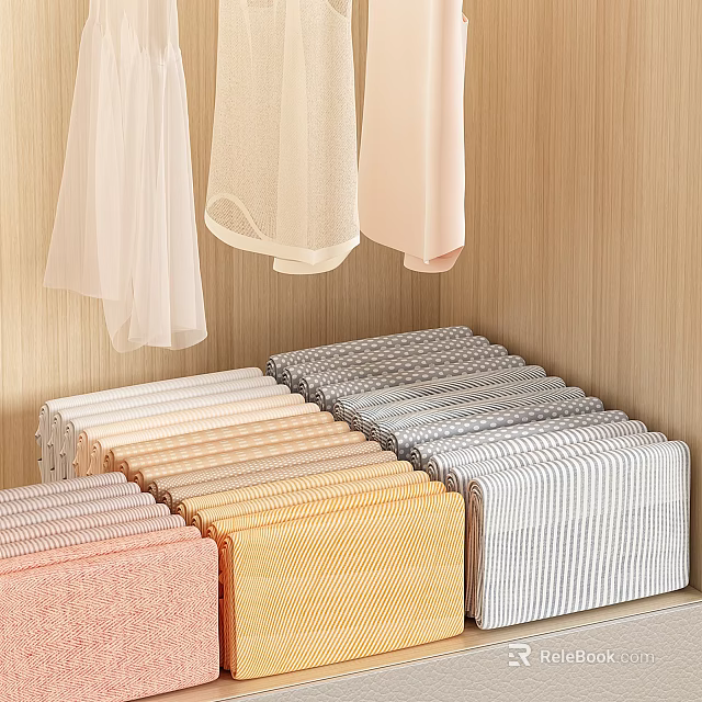 Neatly Arranged Clothes with Hanging Light Garments and Folded Colorful Apparel in Wooden Wardrobe 3d model 