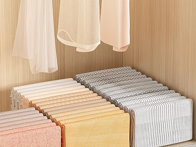 Neatly Arranged Clothes with Hanging Light Garments and Folded Colorful Apparel in Wooden Wardrobe 3d model