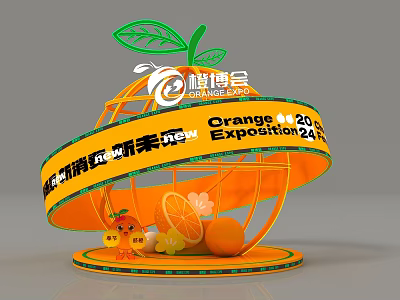 Orange Themed Photo Spot For Orange Expo 2024 With Orange Shaped Structure And Cartoon Characters 3d model