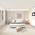 Modern Minimalist Bedroom Interior With Comfortable Bedside Tables Table Lamps Decorative Painting And Area Rug