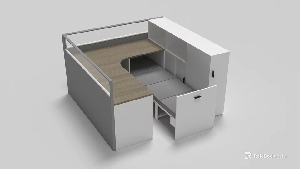 Modern Public Office Space Design With Wooden Workstations White Cabinets And Glass Partitions 3d model 