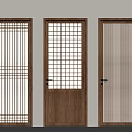 Three Wooden Hinged Doors with Different Grid Patterns and Vertical Slat Designs