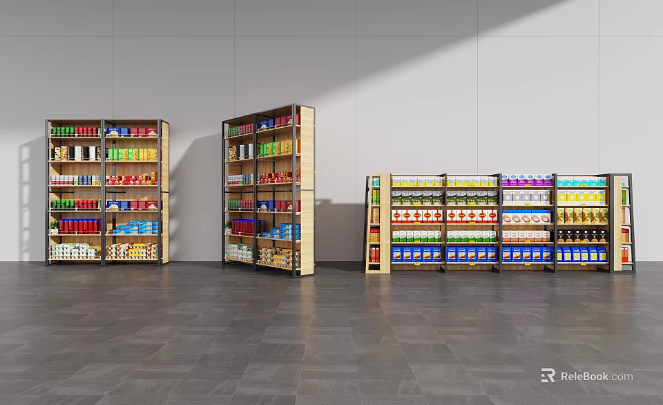 Retail Store Display Shelves With Various Products Neatly Arranged For Sale 3d model 
