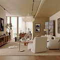 Modern Living Room Interior With White Sofa Wooden Coffee Table Chandelier And Artworks