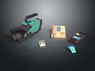 Vintage Computer Technology Collection With Old Camcorder Game Console And Floppy Disks 3d model