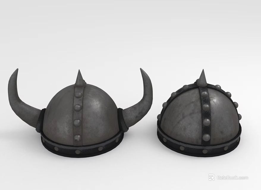 Two Horned Viking Helmets With Metal Shell And Riveted Straps Design 3d model 