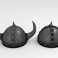 Two Horned Viking Helmets With Metal Shell And Riveted Straps Design