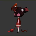 Cartoon Style Young Girl With Red Hair Pigtails Red Dress And Cape Near Red Candy