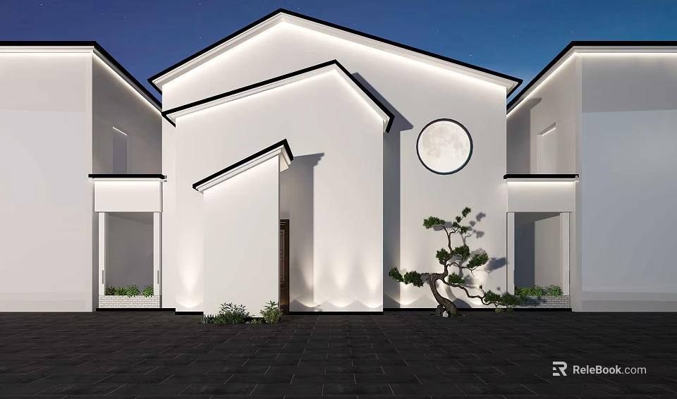 Modern Chinese Style Building With White Walls Circular Window And Courtyard Night Lighting 3d model 