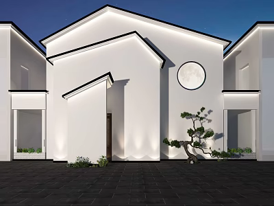 Modern Chinese Style Building With White Walls Circular Window And Courtyard Night Lighting 3d model
