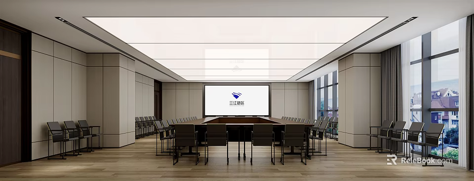 Modern Conference Room Interior With Large Table Projection Screen And Floor To Ceiling Windows 3d model