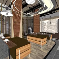 Elegant Restaurant Interior With Wooden Pillars Long Seats And Black Ceiling Structure 3d model