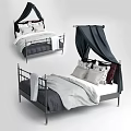 Modern Metal Frame Double Bed with Bed Rails Patterned Pillows and Light Blanket 3d model
