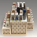 Wooden Multi Tiered Liquor Cabinet Displaying Various Bottles And Boxes 3d model